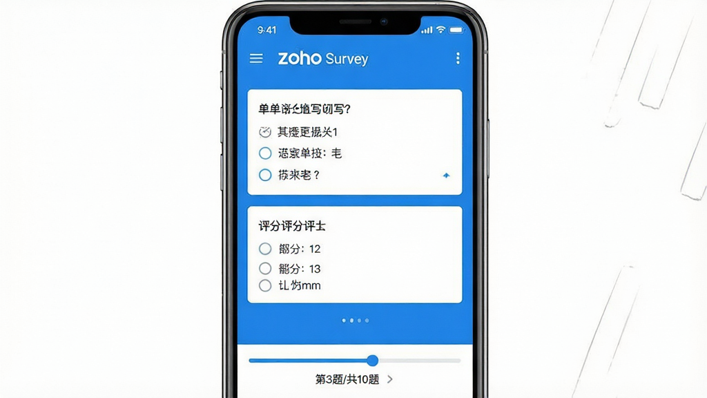 һ��չʾZoho Survey�ƶ����ʾ���д����Ľ�ͼ���ʾ��ͼ���������ֻ���Ļ����ʾһ����ѡ���һ�������⣬�ײ��н�������ʾ����3��/��10�⡱������ɾ���ˬ��������ɫ�����������޶���Ԫ��