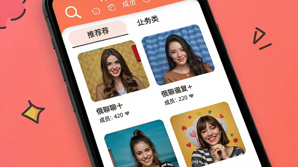 һ��չʾ����App��ȤȺ������ͼƬ��������һ���ֻ���Ļ��ʾȺ���б�ҳ�棬ÿ��Ⱥ���з���ͼ��Ⱥ���ƺͳ�Ա�������������Ƽ��ͷ����ǩ�����������죬��ɫ�ḻ�������ң����ʸɾ����޶���Ԫ�ء�