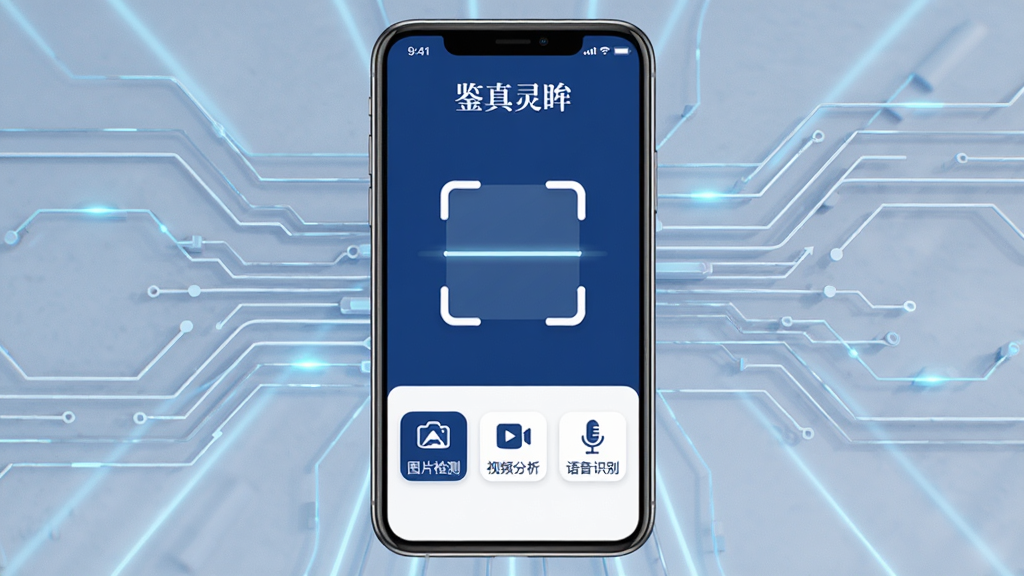�������� App ������չʾ������������һ�������ֻ�����Ļ��ʾ��������Ӧ�ý��棬������ɫ�Ͱ�ɫΪ��ɫ���������ǡ��������������ֱ�ʶ���м���һ������ɨ���ͼ�꣬�·������š�ͼƬ��⡱������Ƶ��������������ʶ���������ܰ�ť�������Ǽ��ĿƼ�������������ִ���ƽ�������������ɾ��޶���Ԫ��