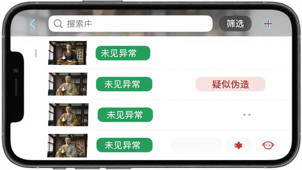�������� ��ʷ��¼���棬�ֻ���Ļ��ʾһ���б���ÿ����Ŀ�����ͼƬ����ͼ���Ҳ��Ǽ������ǩ����ɫ��δ���쳣������ɫ������α�족�����������������ɸѡ��ť�����沼������������ִ������ʸɾ����޶���Ԫ��