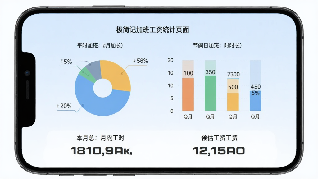 ����ǼӰ๤��ͳ��ҳ�棬�ֻ���Ļ��ʾ��״ͼ����״ͼ���ֱ�չʾƽʱ�Ӱࡢ��ĩ�Ӱࡢ�ڼ��ռӰ��ʱ��ռ�ȣ��·��б����ܹ�ʱ��Ԥ�����ʵ����֣�����Ϊǳ��ɫ���䣬�������ִ���ƽ�����ʸɾ��޶���Ԫ��