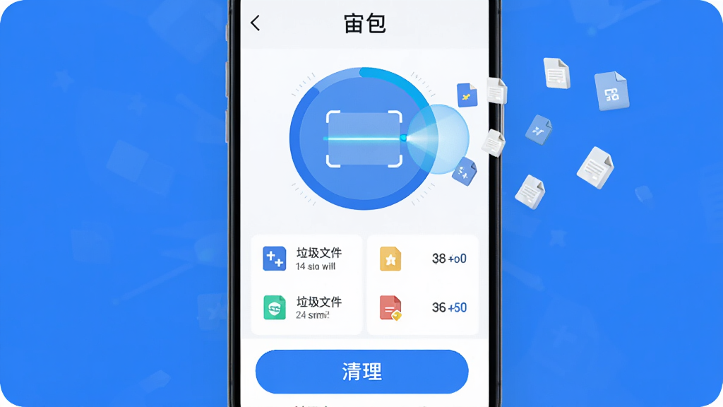 手机屏幕展示“宙包”清理功能界面,中央有一个圆形扫描进度条,下方列出各类垃圾文件分类和大小,底部有一个醒目的清理按钮,周围有细小的文件图标飞入扫描区域,蓝白主色调,风格科技感扁平,画质干净清晰