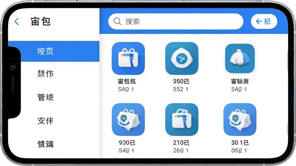 手机界面显示“宙包”应用管理页面,左侧是分类标签栏,右侧是应用图标网格排列,每个图标下方有应用名称和大小,顶部有搜索框和排序按钮,蓝白配色,布局清晰,风格简洁现代,画质干净无多余元素