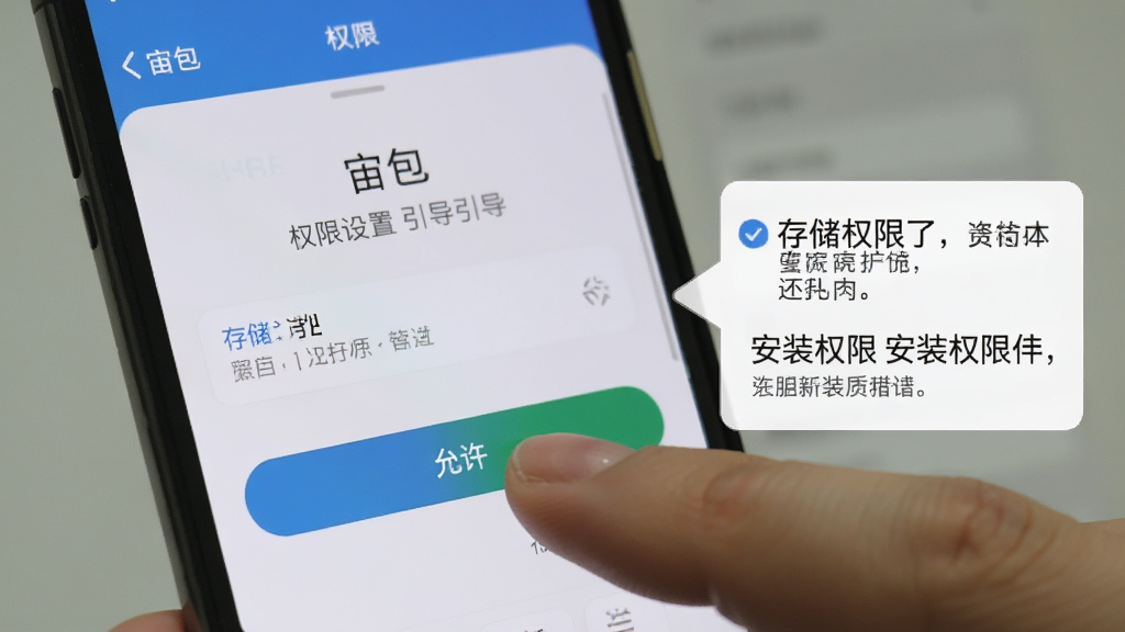手机屏幕展示“宙包”权限设置引导页面,画面中有手指点击“允许”按钮的特写,旁边有文字提示框说明存储权限和安装权限的重要性,背景为手机设置界面虚化效果,风格清晰直观,画质干净无多余元素