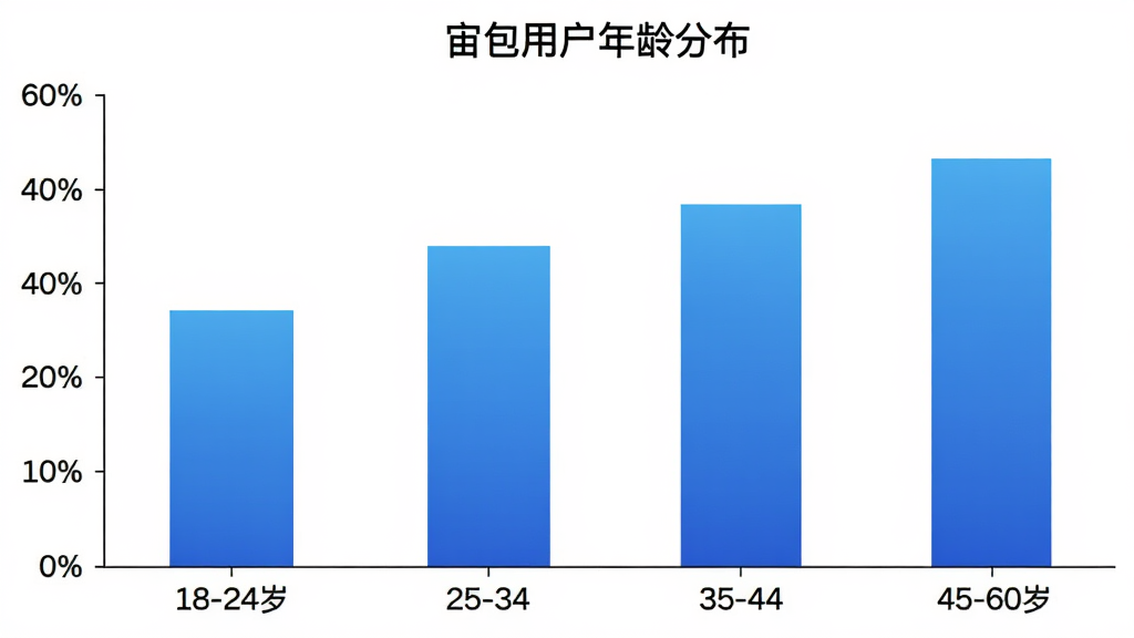 柱状图展示宙包用户年龄分布,横轴为年龄段18-24岁、25-34岁、35-44岁、45-60岁,纵轴为用户占比百分比,柱体颜色为蓝色渐变,图表标题为“宙包用户年龄分布”,背景为白色,风格简洁数据可视化,画质干净清晰
