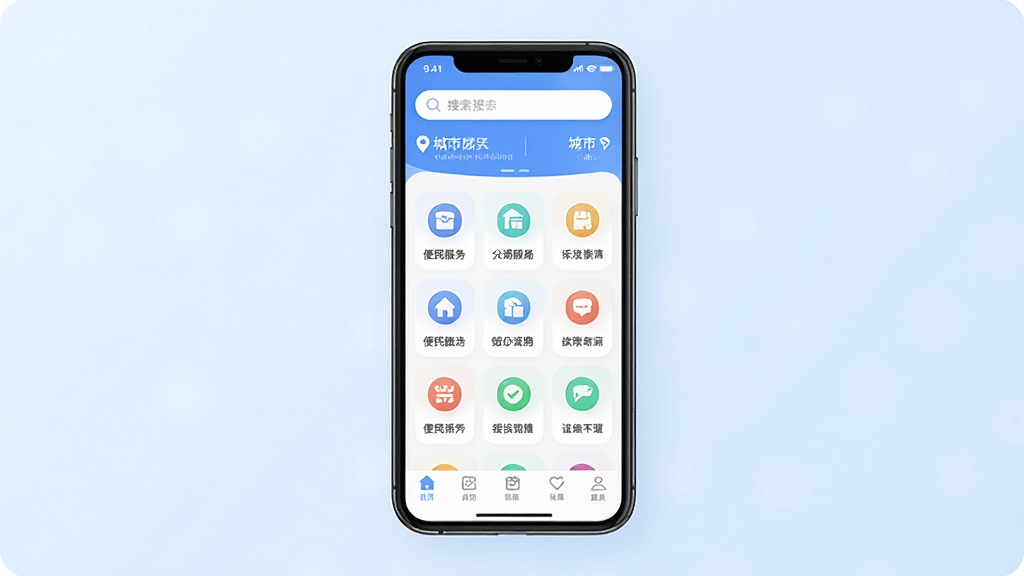 һ��չʾ¥���App���Ľ�����ֻ�ģ��ͼ��������һ�����з��õ������ֻ�����Ļ��ʾ¥����������������ҳ���������������ͳ��ж�λ���м��Ǳ������ͼ�����񣬵ײ��ǵ����������ּ�࣬�Ű�����������ִ���ƽ����ϸ��Բ�󣬻��ʸɾ��������޶���Ԫ�أ�����Ϊ����ɫ���䡣