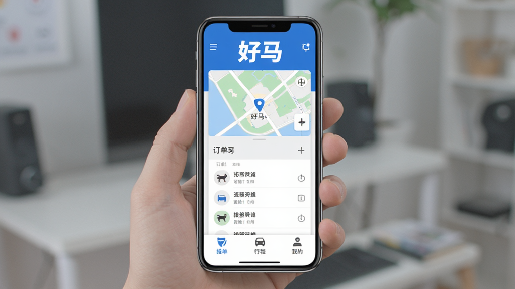 手机屏幕展示“好马”APP主界面,蓝色和白色为主色调,顶部有醒目的“好马”Logo,中间是地图和订单列表,底部有接单、行程、我的三个图标,界面干净整洁,扁平化设计风格,画质清晰无多余元素