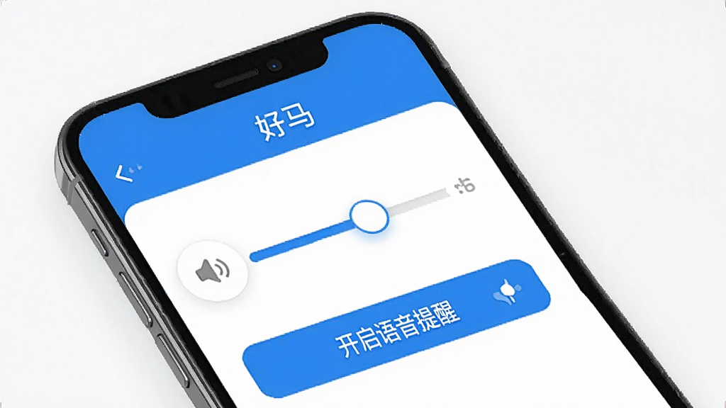 手机界面展示“好马”APP的语音播报设置页,有一个大的音量滑块和“开启语音提醒”按钮,界面简洁,蓝色主题,画质干净