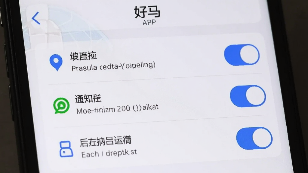 手机屏幕显示“好马”APP的权限设置页面,有定位、通知、后台运行等选项,界面清晰,蓝色开关按钮,画质干净