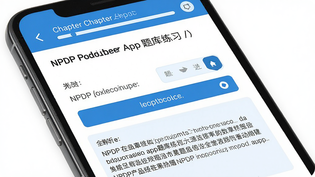 һ��չʾNPDP��Ʒ����App�����ϰ�����ͼƬ���������ֻ���Ļ��д����Ļ����ʾһ��NPDPѡ���⣬ѡ���·�����ϸ�����ֽ������򣬽��涥���н�������ʾ��ǰ�½���ɶȣ���������������Ǳ�ƽ����ƣ�������ɫ����ϸ����ѡ�ť�и���ѡ��״̬�����ʸɾ��޶���Ԫ�ء�
