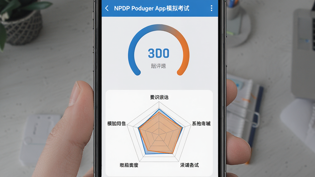 һ��չʾNPDP��Ʒ����Appģ�⿼�Խ��ҳ��ͼƬ���������ֻ���Ļ����Ļ����ʾһ��Բ�η����Ǳ��̺��·����״�ͼ���״�ͼ�����ά�ȷֱ��ע��֪ͬʶ���򣬽��汳��Ϊǳ��ɫ�����ֺ�ͼ����ɫ����ɫ�ͳ�ɫΪ�����Ű���жԳƣ���������ݿ��ӻ��Ǳ�����ʽ��ϸ����ͼ������ƽ�������ʸɾ�������