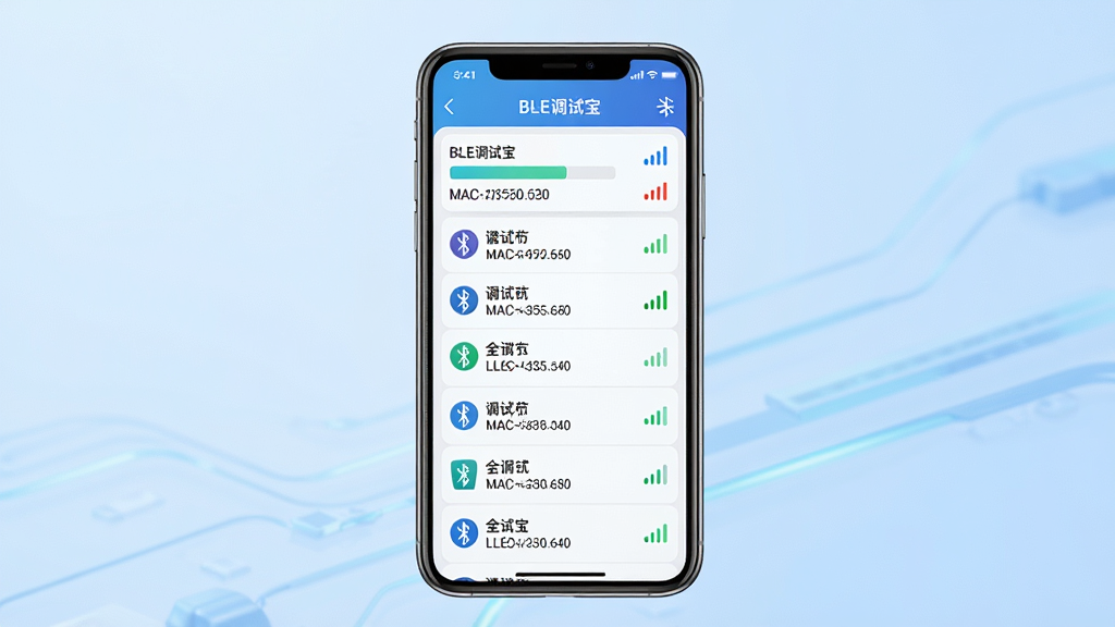 һ��չʾBLE���Ա��豸ɨ�������ӹ��ܵ�AI��ͼ��������һ���ֻ�����Ļ����ʾBLE���Ա����豸�б����棬�б��а�����������豸���ƺ��ź�ǿ��ͼ�ꡣ����Ϊ�ֻ����У������ǵ���ɫ���䡣�Ű������������Ƽ��С�ϸ�ڰ����ֻ���Ļ�ϵġ�BLE���Ա������⡢�ź�ǿ������MAC��ַ���֡����ʸɾ����޶���Ԫ�أ����塣