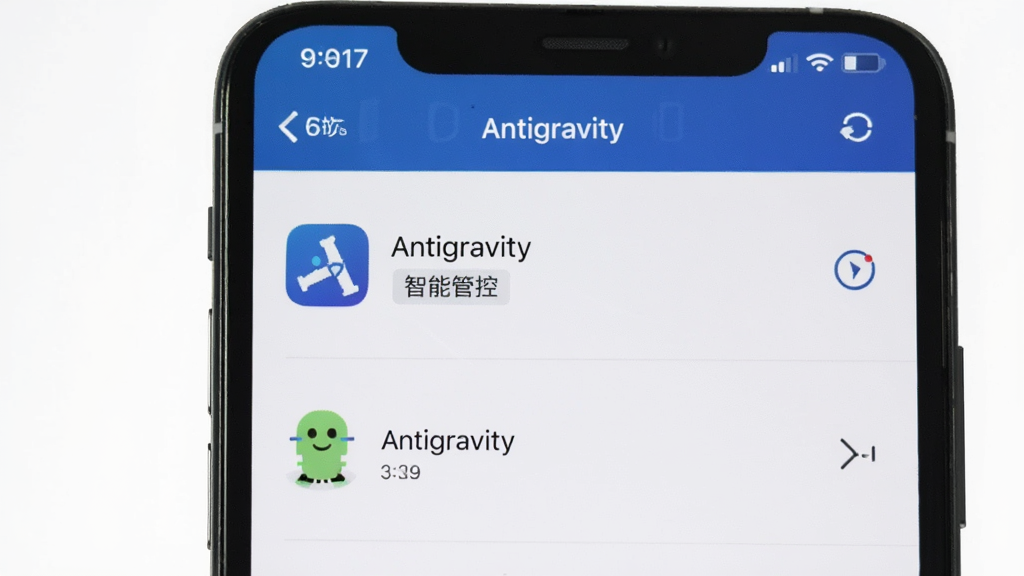 һ��չʾAntigravity��̨�ܿ�����ͼƬ���������ֻ����ý���ĵ�ع���ҳ�棬Antigravityͼ������ں�̨�����б��У�����Ϊ�����б��Ű棬���Ϊϵͳԭ���磬ϸ����Antigravityͼ�����С����ܹܿء����ֱ�ǩ�������������޶���Ԫ�ء�