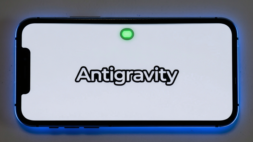 һ��չʾAntigravity���ֻ�����������״̬��ͼƬ���������ֻ���Ļ��ʾAntigravity�����棬�Ϸ�����ɫ����ָʾ�ƣ�����Ϊ����ƽ�ӣ��Ű�ͻ����������ġ�Antigravity��Logo�����Ϊ�Ƽ���Լ�磬ϸ������Ļ��Ե��΢��������Ч���������������޶���Ԫ�ء�