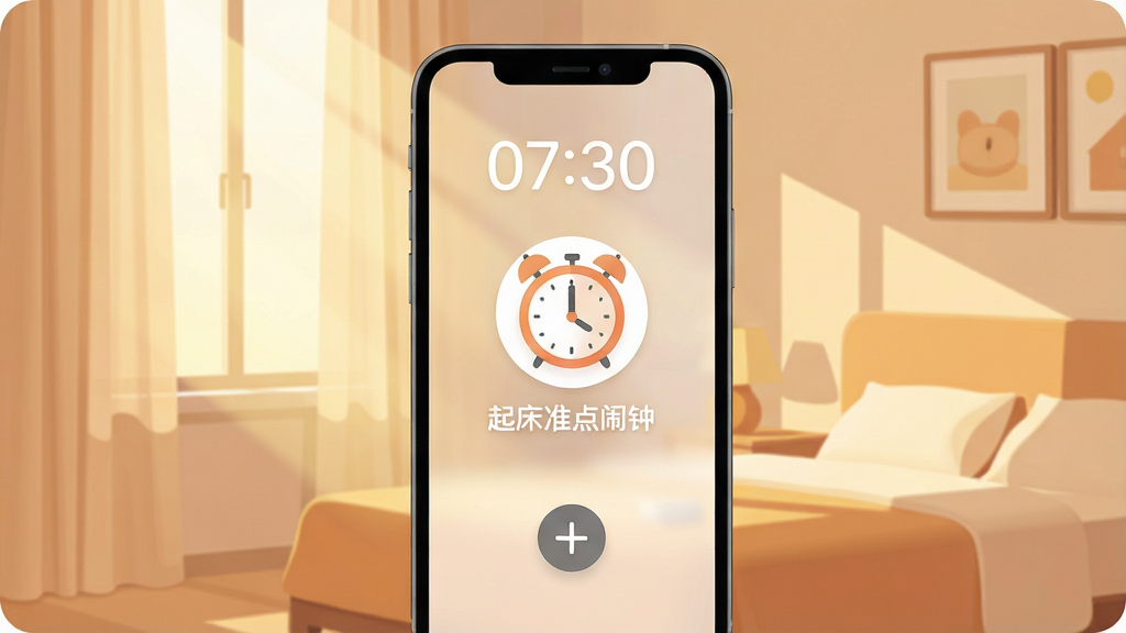 һ��չʾ��׼������APP�������ͼƬ�������������ֻ���Ļ����Ļ��ʾ��׼������Ӧ�ã�������ʾ��ǰʱ��07:30���м���һ����Ŀ��Բ������ͼ��͡���׼�����ӡ����֣��·����������ӵļӺŰ�ť���������峿����͸�������ս����ҵ���ܰ���������ּ������������ִ���ƽ��ϸ��Բ�󣬻��ʸɾ��޶���Ԫ�ء�