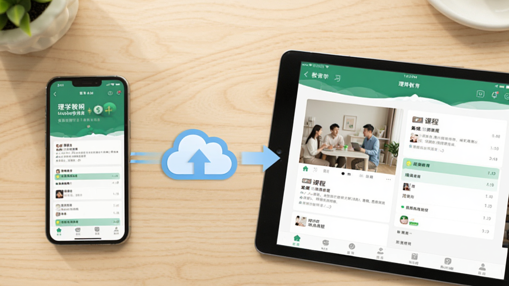 ���ƽ��������豸ͬ������������������ֻ���ʾ���ƽ�����APPѧϰ���棬�Ҳ���ƽ�������ʾͬ���Ŀγ̽���ҳ�棬�м����ƶ��ͬ����ͷ���ӣ�������ǳɫľ�����棬�����ܰ�ִ������ʸɾ��޶���Ԫ��
