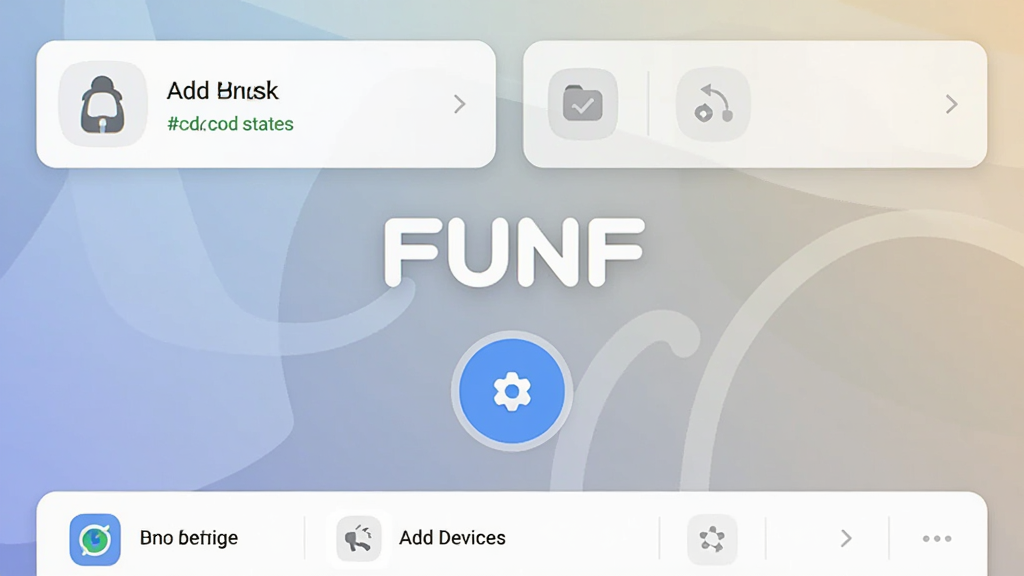 一张展示FUNF软件主界面的手机屏幕截图,画面中央是软件英文名“FUNF”的Logo,背景是浅色渐变,主界面布局简洁,上方显示设备连接状态卡片,中间有添加设备的圆形按钮,下方是设备列表区域,整体风格现代扁平,图标圆润,画质干净无多余元素