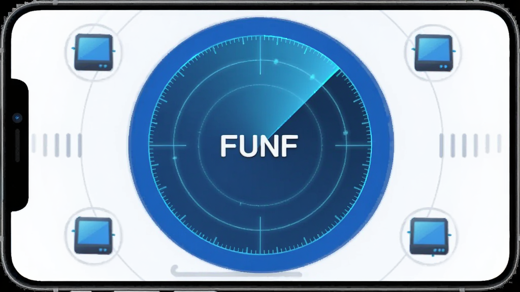 一张展示FUNF软件搜索设备界面的手机截图,画面中有一个雷达扫描动画,中心是“FUNF”字样,周围散布着几个设备图标,界面风格科技感十足但保持简洁,色调以蓝白为主,画质清晰干净