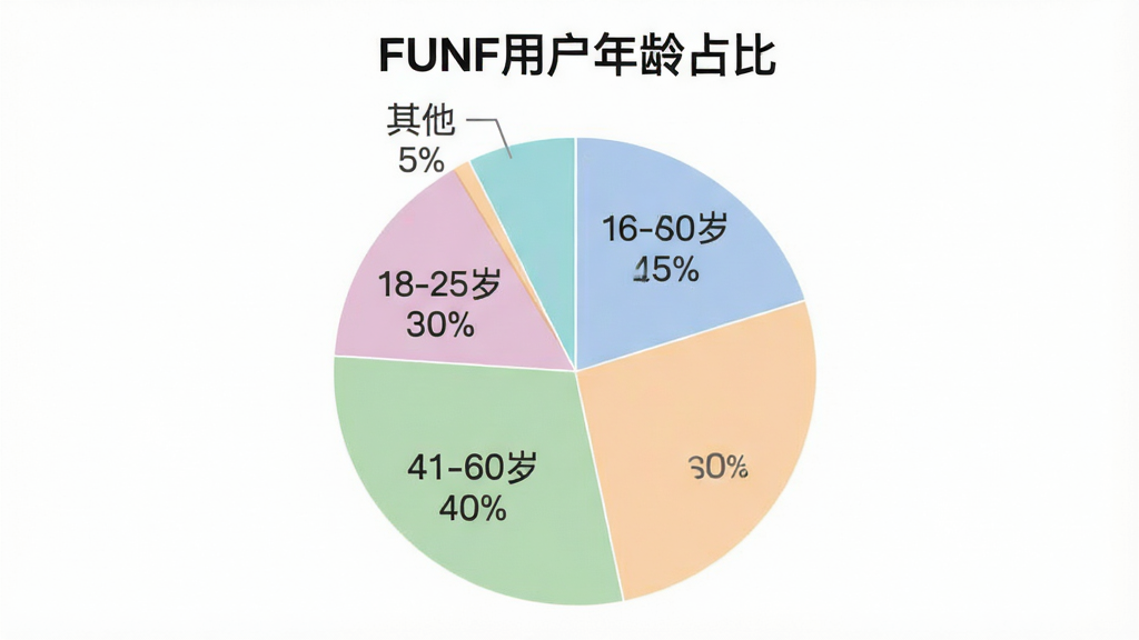 一张展示FUNF用户年龄分布的饼状图,图表标题为“FUNF用户年龄占比”,饼图分为四个扇区,分别标注“18-25岁 30%”、“26-40岁 45%”、“41-60岁 20%”、“其他 5%”,配色柔和,图表风格简洁现代,画质干净无多余元素