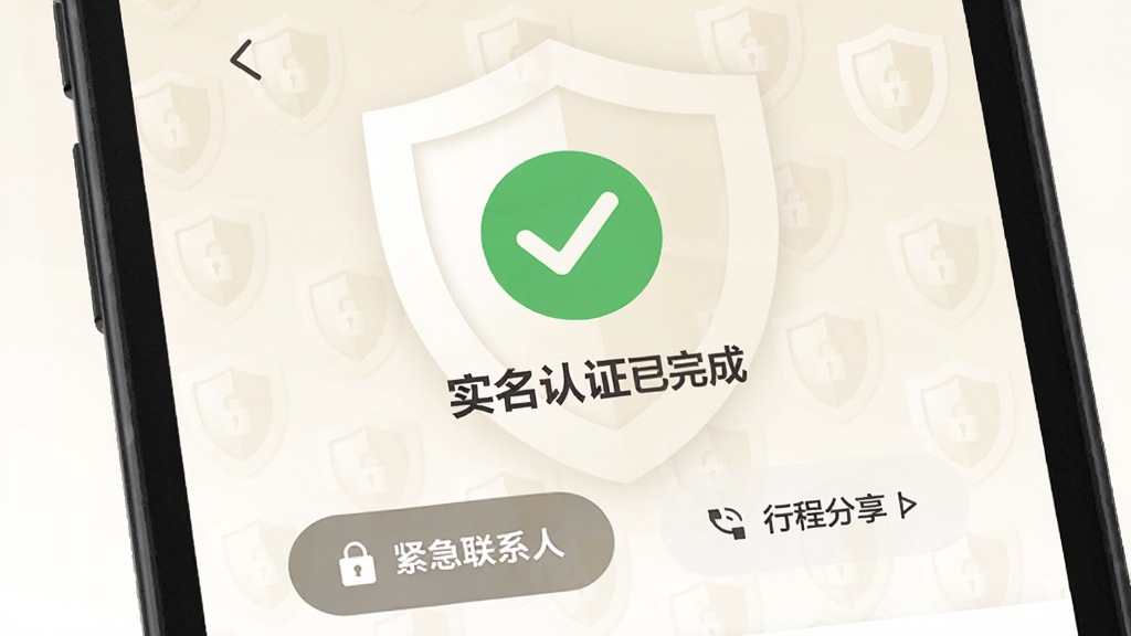ƴ��App��ȫ����ҳ�棬��ʾʵ����֤����ɵ���ɫ�Թ���־���·��н�����ϵ�˰�ť���г̷���ͼ�꣬�����Ƕ�����״��ǳɫͼ����������ذ��ģ������������޶���Ԫ��