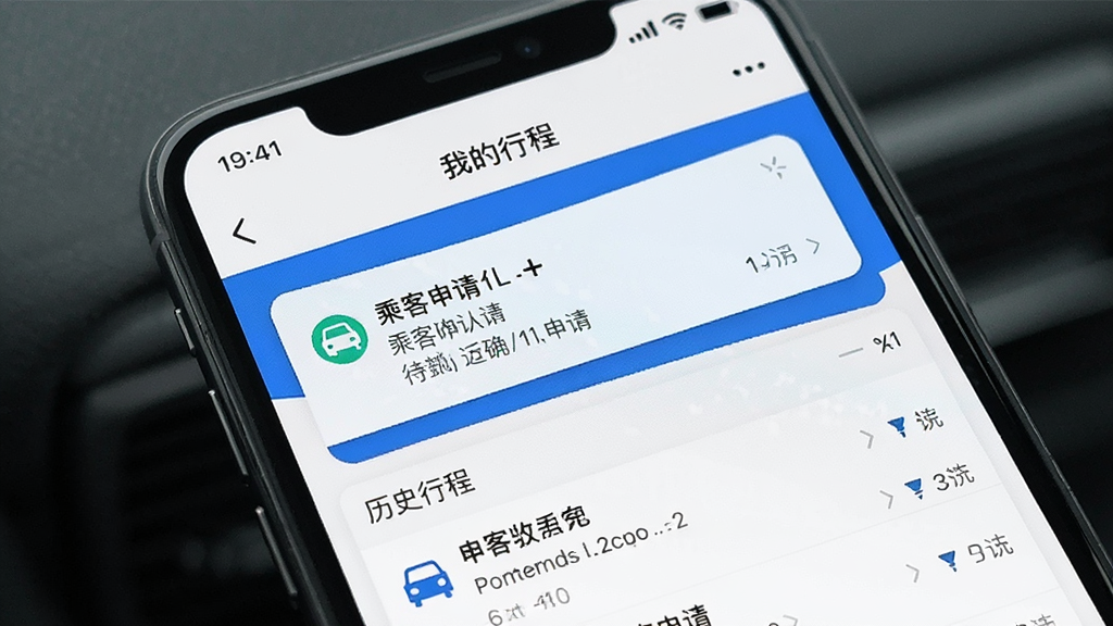 �ֻ���Ļ��ʾƴ��App�ġ��ҵ��г̡�ҳ�棬������һ����ȷ�ϵĳ˿�����֪ͨ���·�����ʷ�г��б����������࣬������ɫ�������������޶���Ԫ��