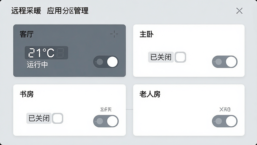 一张“远程采暖”应用分区管理界面的图片,界面中展示四个房间卡片,分别标注“客厅”“主卧”“书房”“老人房”,每个卡片上有独立的温度显示和开关按钮,客厅显示“21°C 运行中”,书房显示“已关闭”,背景为浅灰色,风格简洁现代,画质干净,无多余元素