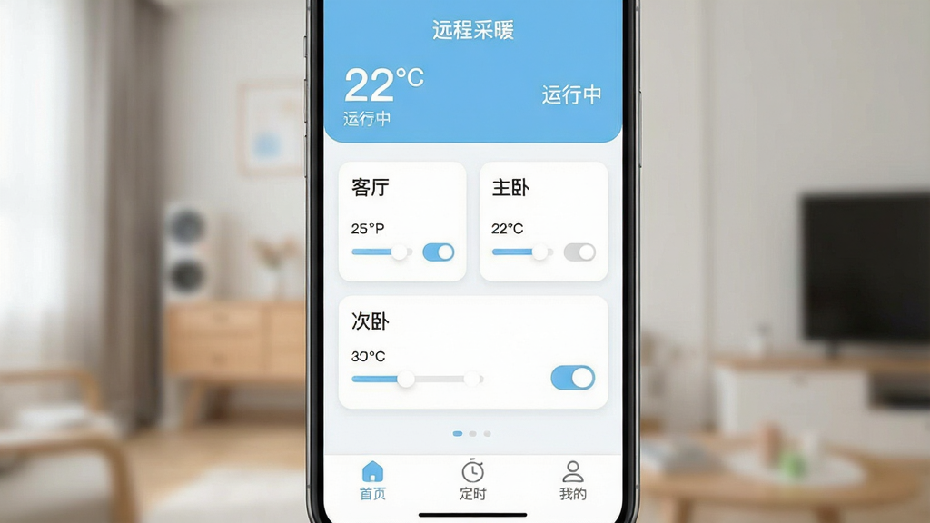 一张手机屏幕展示“远程采暖”应用主界面的图片,界面以浅蓝色和白色为主,顶部显示当前室内温度“22°C”和采暖设备运行状态“运行中”,中间区域有多个房间卡片,分别标注“客厅”“主卧”“次卧”,每个卡片上有温度调节滑块和开关按钮,底部导航栏有“首页”“定时”“我的”三个选项,整体布局简洁清晰,图标圆润,风格现代扁平,画质干净无多余元素