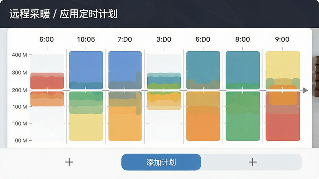 一张“远程采暖”应用定时计划设置界面的图片,界面以时间轴形式展示一周七天的采暖计划,每天有不同颜色的色块代表不同温度区间,下方有“添加计划”按钮,整体布局清晰,文字标签明确,风格现代扁平,画质干净,无多余元素