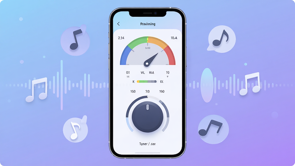 Ear Training Tuner Ӧ��������ȫòչʾ�������������ֻ���Ļ����Ļ����ʾ��׼ѵ���Ǳ��̺͵�������ť����������͵�����ɫ���䣬��ΧƯ��������ͼ�������ͼ�Σ�����ִ���ƽ����ϸ��Բ�󣬻��ʸɾ��������޶���Ԫ��