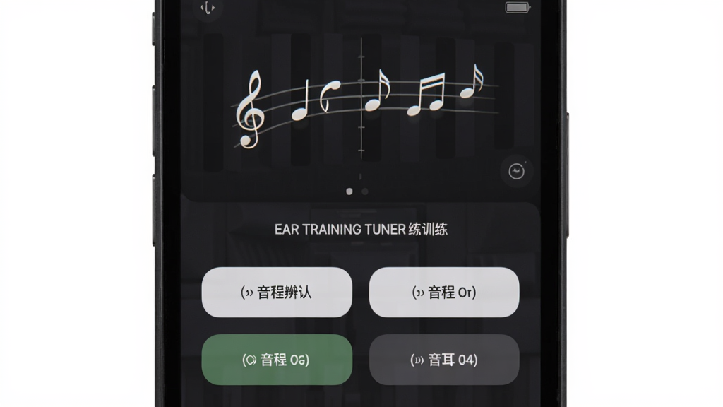 Ear Training Tuner ����ѵ�����棬�ֻ���Ļ��ʾ���̱�����Ŀ���ĸ�ѡ�ť����Ļ�Ϸ���������������������Ϊ��ɫ����ģʽ�������רҵ�����ʸɾ����޶���Ԫ��
