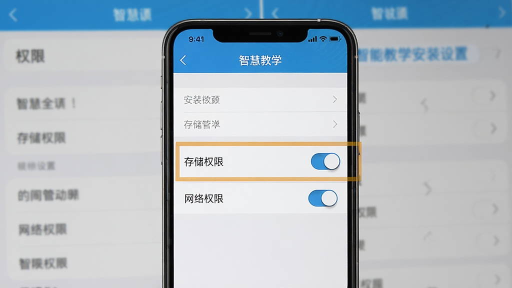 �ǻ۽�ѧ��װ���ý��棬�ֻ���Ļ��ʾȨ�޹���ҳ�棬������ע���洢Ȩ�ޡ��͡�����Ȩ�ޡ����أ��������黯���ֻ����ò˵�����������ˣ����������ɾ������ְ������ǻ۽�ѧ��