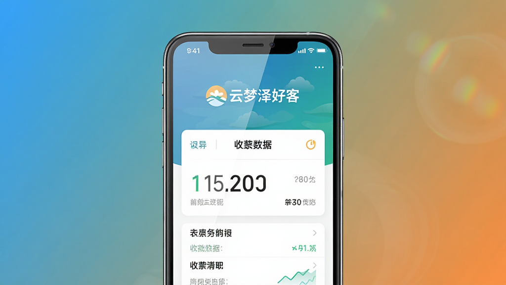 一张展示“云梦泽好客”手机应用主界面的图片,主体是手机屏幕,屏幕内显示“云梦泽好客”的LOGO和收款数据看板,布局上手机居中放置,排版简洁,风格为现代扁平化科技风,细节上屏幕带有轻微反光质感,画质清晰干净,背景为纯色渐变,无多余元素。