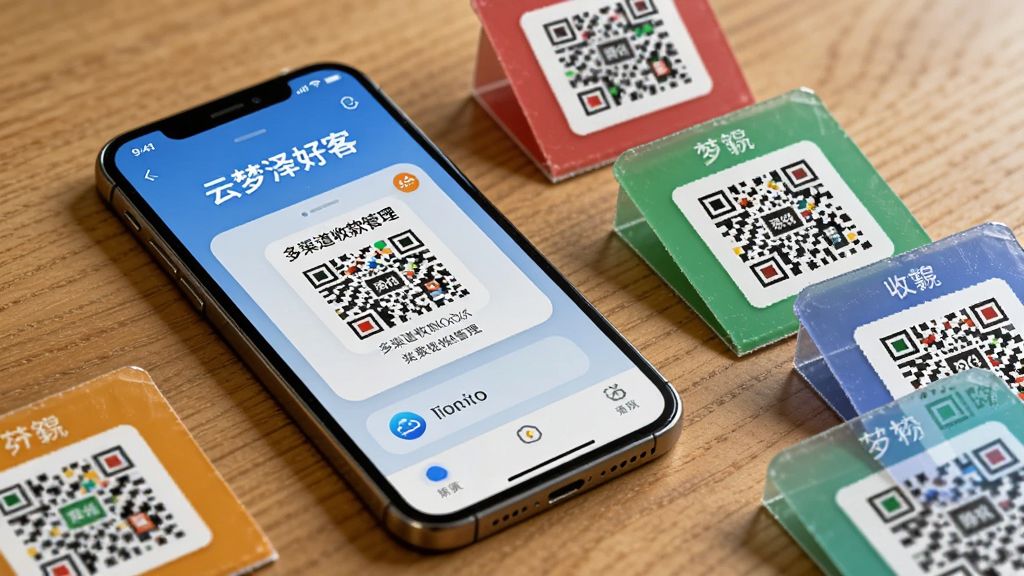 一张AI生成的图片,画面主体是一部智能手机,手机屏幕上显示“云梦泽好客”的多渠道收款码管理界面,布局上手机平放在木质桌面上,旁边散落着几个不同颜色的收款码立牌,排版错落有致,风格为生活化实拍感,细节上屏幕内容清晰可见,画质干净无多余杂物。