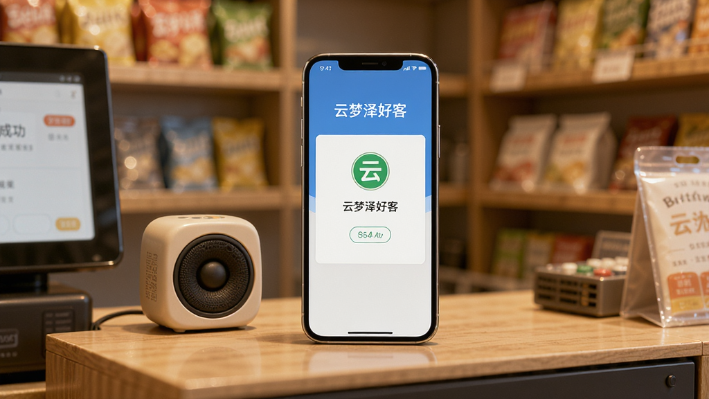一张AI生成的图片,画面主体是一个小型商铺的收银台,收银台上放着一部手机,手机屏幕显示“云梦泽好客”的收款成功页面,布局上收银台占据画面下半部分,背景是模糊的货架,排版突出手机屏幕,风格为暖色调商业摄影,细节上手机旁有一个小音箱,画质清晰自然,无多余元素。