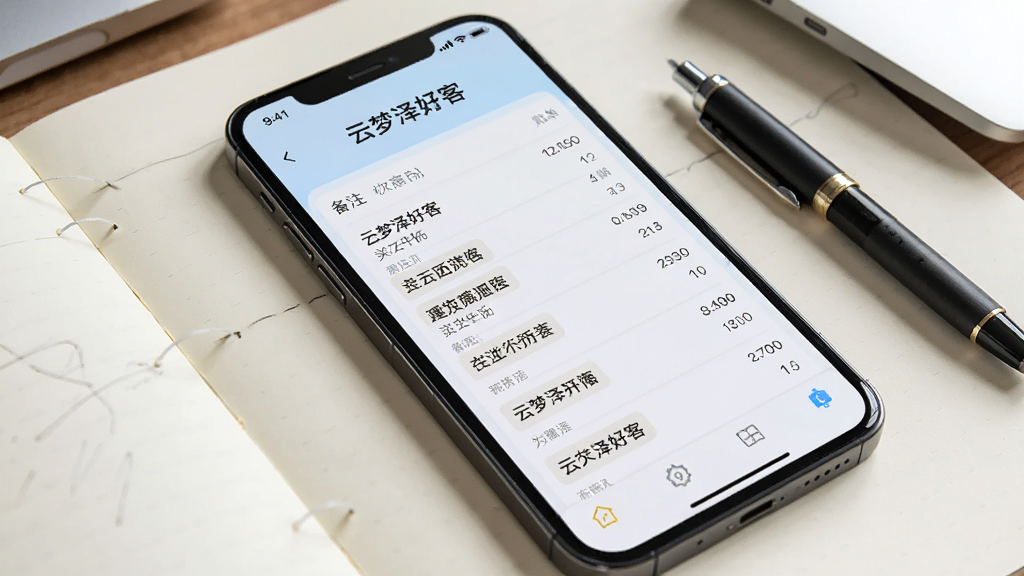 一张AI生成的图片,画面主体是手机屏幕显示“云梦泽好客”的账单列表,布局上手机斜放在记事本和笔旁边,排版自然随意,风格为办公桌面实拍,细节上账单条目带有备注文字,画质清晰明亮,无多余元素。