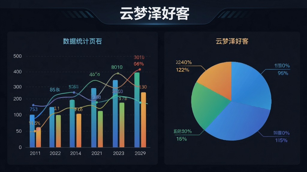 一张AI生成的图片,画面主体是“云梦泽好客”的数据统计页面截图风格图,布局上以深色背景衬托彩色图表,排版上左侧是柱状图右侧是饼状图,风格为商务数据可视化,细节上图表线条流畅,数字清晰,画质锐利无噪点,无多余装饰。