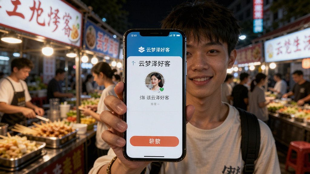 一张AI生成的图片,画面主体是一个年轻人拿着手机展示“云梦泽好客”的收款界面,布局上人物半身入镜,背景是热闹的夜市摊位,排版以手机屏幕为视觉中心,风格为纪实摄影,细节上手机屏幕亮度突出,画质清晰自然,无多余元素。