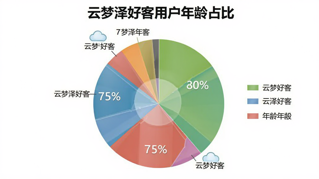 一张AI生成的饼状图,画面主体是“云梦泽好客”用户年龄分布图,布局上饼图居中,排版带有图例说明,风格为扁平化信息图,细节上不同颜色扇形代表不同年龄段,标注清晰,画质干净无多余元素,图表标题为“云梦泽好客用户年龄占比”。