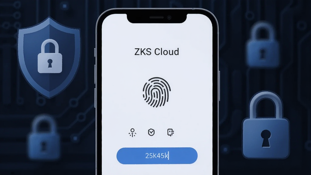һ��չʾZKS Cloud��˽�������ܵ�AI��ͼ���������ֻ���Ļ��ʾ��ZKS Cloud���Ľ������棬��ָ��ͼ�����������򣬱�������ɫ��ȫ���⣬��Χ�ж��ƺ����ĳ���Ԫ�أ�������ذ�ȫ�������������޶���Ԫ��