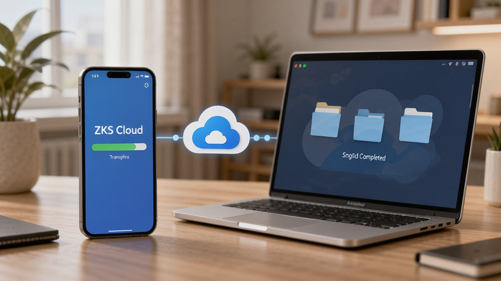 һ��չʾZKS Cloud���ͬ���뱸�ݹ��ܵ�AI��ͼ��������һ���ֻ���һ̨�ʼǱ�����ͨ���ƶ�ͼ�����ӣ��ֻ���Ļ����ʾ��ZKS Cloud���Ĵ����������������Ļ����ʾͬ����ɵ��ļ��У���������ܰ�ľӼҰ칫����������ִ��Ƽ��У����ʸɾ����޶���Ԫ��