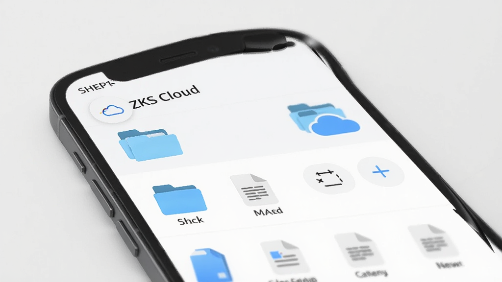 һ��չʾZKS Cloud�ļ��������ܵ�AI��ͼ����������һ���ֻ���Ļ����Ļ����ʾ�š�ZKS Cloud�����ļ��б����棬���ļ��к��ĵ�ͼ�꣬�Ա���������½���ť�������Ǹɾ���ǳ��ɫ����������񣬻����������޶���Ԫ��