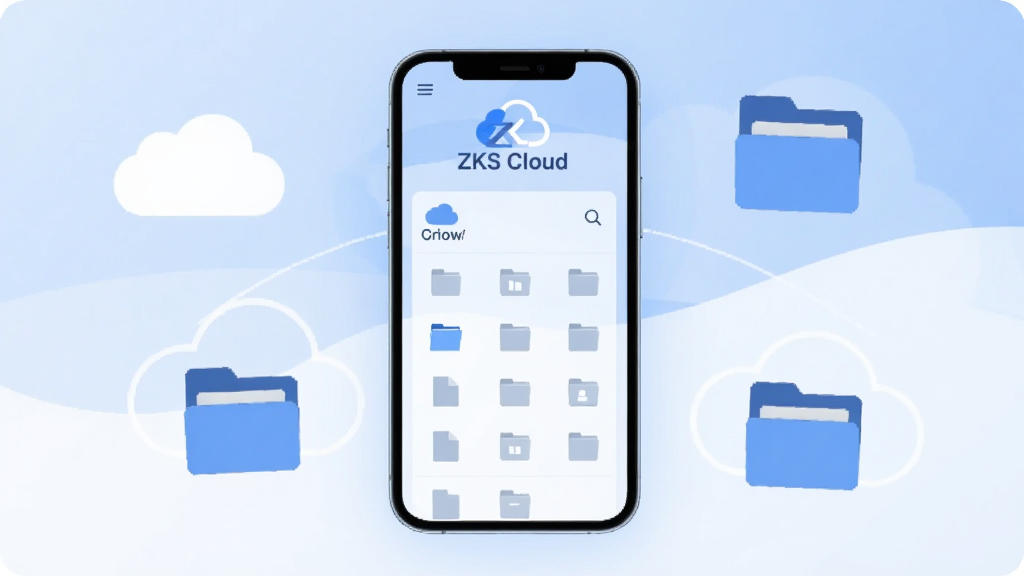 һ��չʾZKS Cloud�������Ľ����ͼƬ�������������ֻ���Ļ����Ļ����ʾ��ZKS Cloud����Logo�ͼ����ļ��������棬��������͵����׽��䣬��Χ���ƶ���ļ���ͼ�껷�ƣ�����ִ���ƽ�����ʸɾ��������޶���Ԫ��