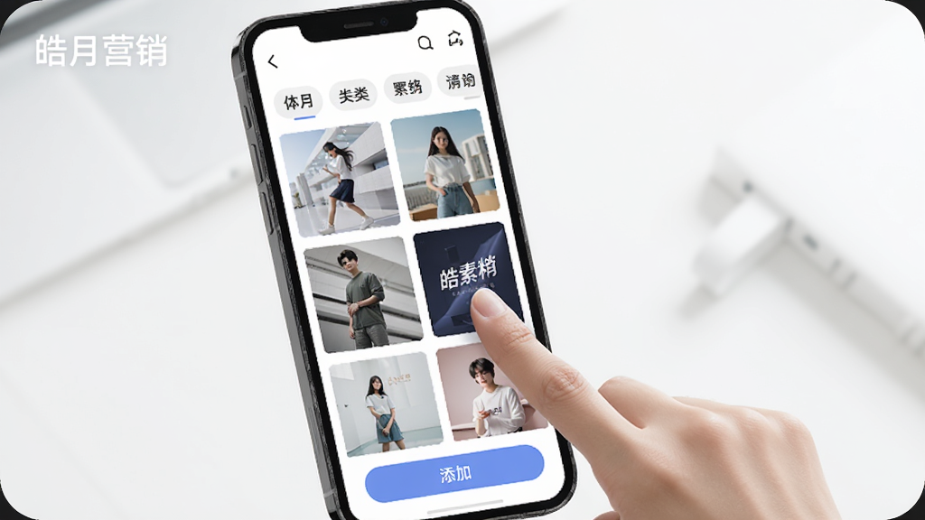 һ��չʾ���Ӫ���زĿ⹦�ܵ�AI��ͼ�������������ֻ���Ļ����Ļ����ʾ�زĿ����񲼾֣�ÿ�����Ӵ���һ���ز�����ͼ�������з����ǩ�����ײ������Ӱ�ť����Ļ����һֻ�����ڵ������һ���ز�ͼ�������ɾ�����������ִ���ƽ������������ͼƬ�����ְ��������Ӫ����