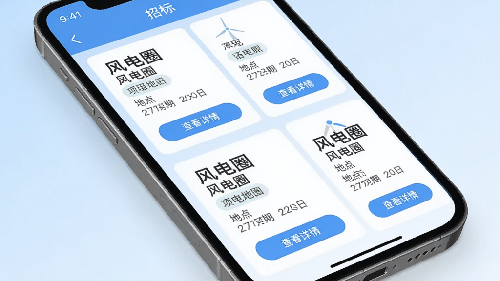 �ֻ���Ļ��ʾ���ȦAPP���б���Ϣҳ�棬ҳ����������������б깫�濨Ƭ��ÿ�ſ�Ƭ������Ŀ���ơ��ص��ǩ�����ں͡��鿴���顱��ť�������ǵ���ɫ���䣬�����������࣬���������ɾ�����������ģ����ʾ�����Ȧ������