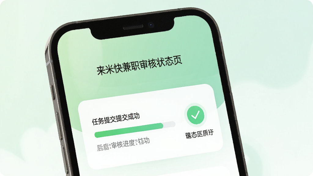 来米快兼职审核状态页面,手机屏幕显示任务提交成功后的审核进度条,旁边有绿色对勾图标和文字说明,背景是柔和的绿色与白色渐变,界面布局清晰,文字标签明确,画质干净无多余元素
