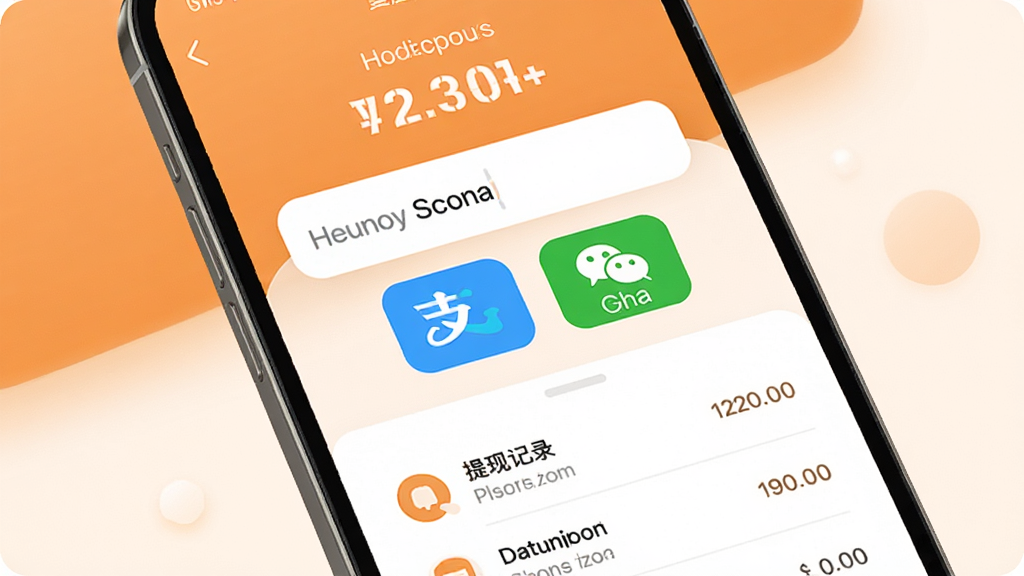 来米快兼职提现页面展示,手机屏幕中央显示提现金额输入框和支付宝微信两个图标按钮,上方有账户余额数字,下方有提现记录列表,背景是暖色调的橙色与白色搭配,界面圆润友好,画质清晰干净,无多余装饰元素