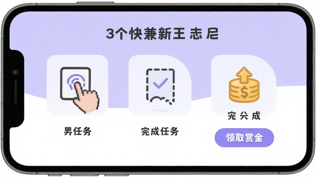 来米快兼职新手引导界面,手机屏幕显示简洁的三步操作示意图,分别是用手指点击任务、完成任务、领取赏金,每步配有简单图标和短文字说明,背景是清新的浅紫色与白色,风格扁平可爱,画质干净清晰,无多余元素