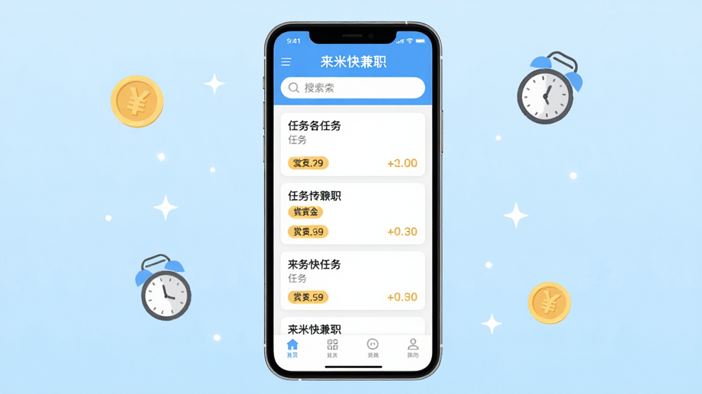 来米快兼职手机应用界面展示,画面中央是一部智能手机,屏幕上显示着来米快兼职的首页界面,顶部有搜索栏,中间是任务卡片列表,每张卡片带有任务名称和赏金标签,底部是导航栏。背景是干净明亮的浅蓝色渐变,周围点缀着金币和时钟的小图标,整体风格清新简洁,扁平化设计,画质干净清晰,无多余元素