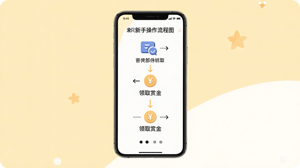 来米快兼职新手操作流程图,画面中央是手机屏幕,屏幕上用简洁的箭头和图标展示从打开软件到领取赏金的完整步骤,每个步骤旁边有短文字标注,背景是淡黄色与白色的柔和配色,风格清晰明了,画质干净无多余元素