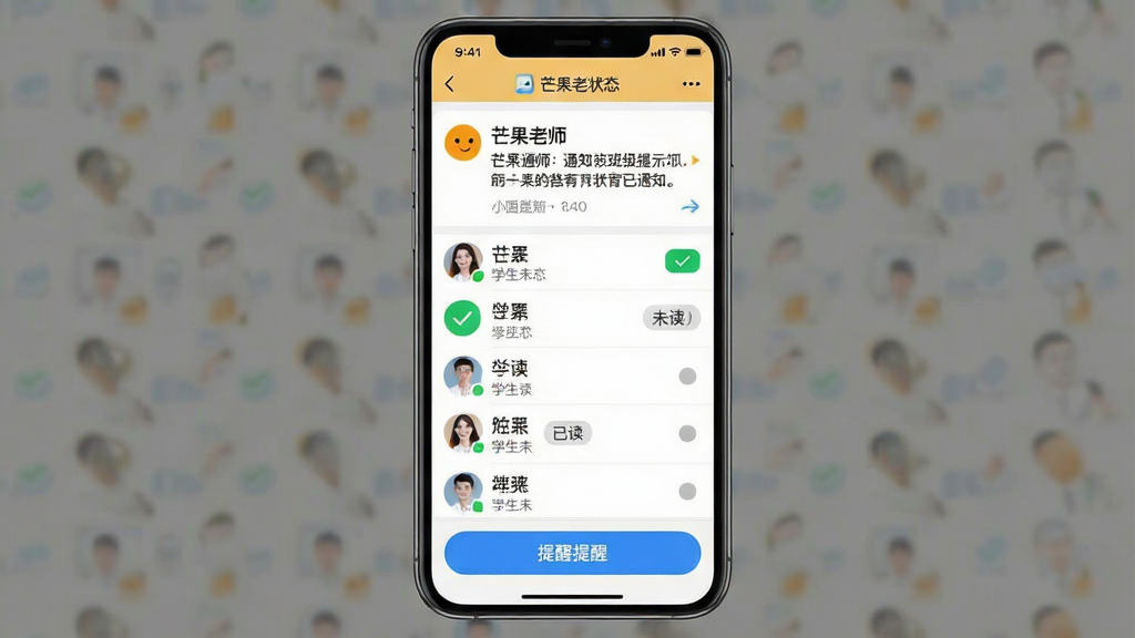 AI��ͼ��ʾ�ʣ�һ�š�â����ʦ��֪ͨ�Ѷ�״̬�����ͼ���������ֻ���Ļ��ʾһ���༶֪ͨ���·�������ѧ���������Ѷ�/δ��״̬��ǩ�������Ƕ���֪ͨ���������ժҪ���в���ѧ��״̬�б����ײ������Ѱ�ť���������ˬ�Ľ�����APP������ƣ�ϸ�ڰ�����ɫ�Ѷ��Թ�����ɫδ��Բ�㡢��ɫ���Ѱ�ť�����ʸɾ������޶���Ԫ��